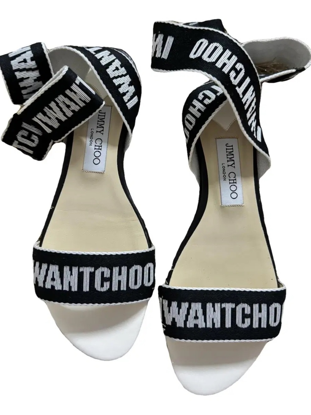 Jimmy Choo Cloth Wrap Sandals Black & White Logo Strap “I want choo”- W size 38